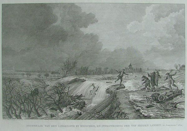 view Doorbraak van de Lingen-Dijk bij Kedichem en overstroming der Vijf Heeren Landen by R. Vinkeles, G. van Hardenberg
