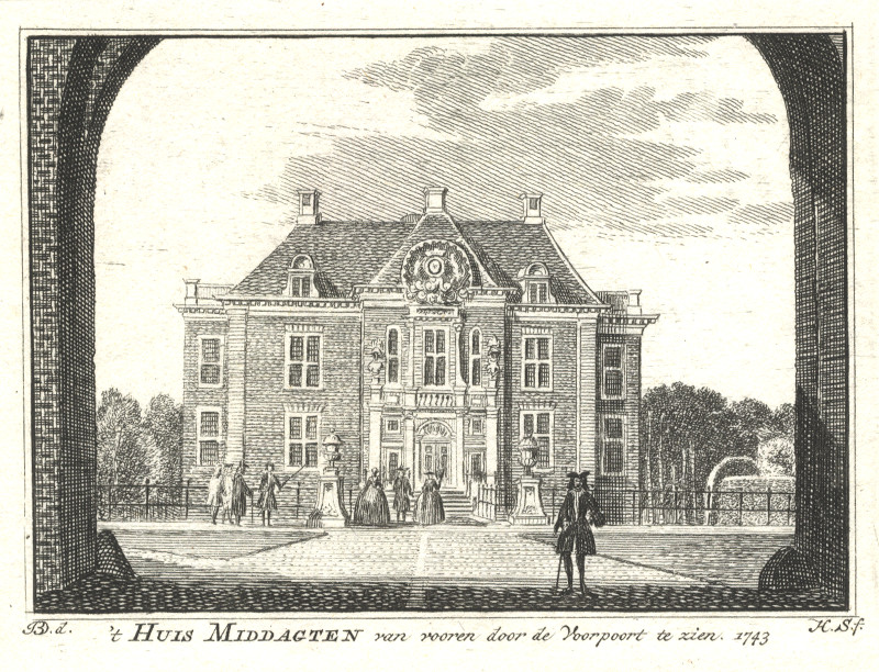 ´t Huis Middagten van vooren door de Voorpoort te zien, 1743 by H. Spilman, J. de Beijer