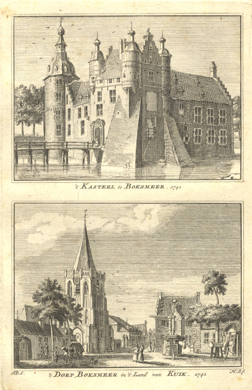 view ´t Kasteel te Boksmeer; ´t Dorp Boksmeer in ´t Land van Kuik. 1741 by H. Spilman, J. de Beijer