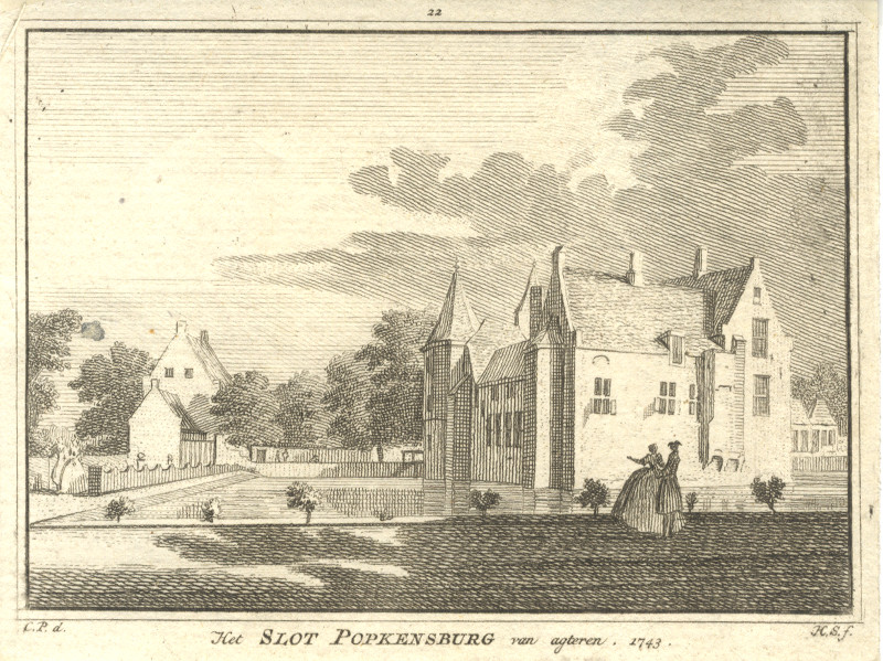 Het Slot Popkensburg van agteren. 1743 by H. Spilman, C. Pronk