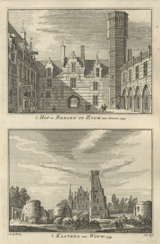 view ´t Hof te Bergen op Zoom van binnen; ´t Kasteel van Wouw; 1739 by A. de Haan, H. Spilman