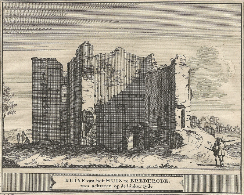 Ruine van het Huis te Brederode van achteren op de slinker syde  by J. Schijnvoet, naar R. Roghman