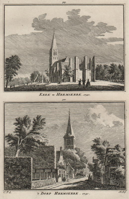 view Kerk te Heemskerk; ´t Dorp Heemskerk. 1740 by H. Spilman, C. Pronk