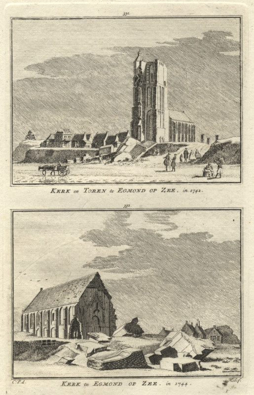 view Kerk en toren te Egmond op Zee in 1742; Kerk te Egmond op Zee, in 1744 by H. Spilman, C. Pronk