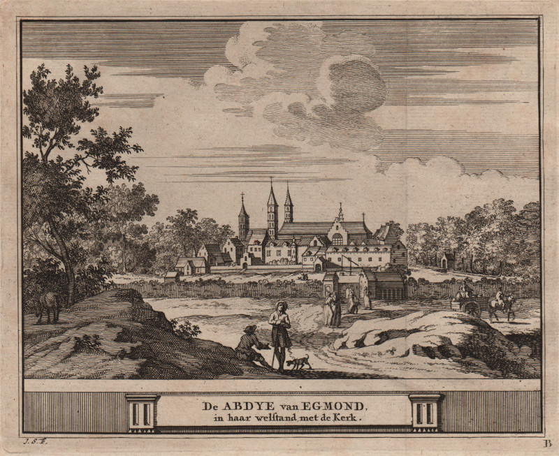 De Abdye van Egmond, in haar welstand, met de kerk. by J. Schijnvoet, naar R. Roghman