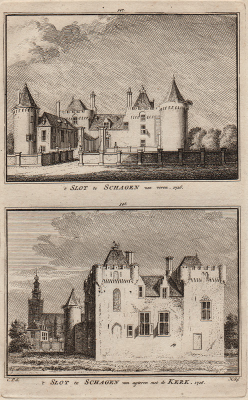 view ´t Slot te Schagen van voren; ´t Slot te Schagen van agteren met de kerk, 1726 by H. Spilman, C. Pronk