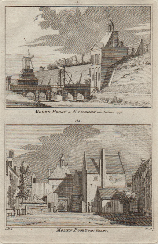 view Molen Poort te Nymegen van buiten; Molen Poort van binnen 1732 by H. Spilman, C. Pronk