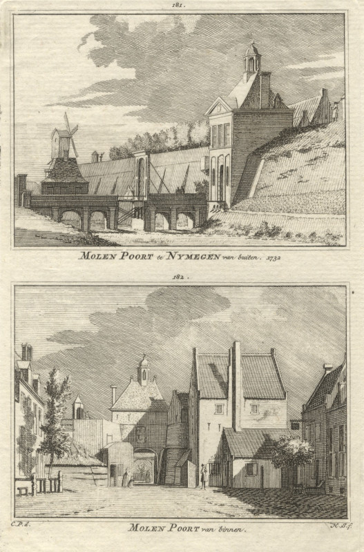 view Molen Poort te Nymegen van buiten; Molen Poort van binnen 1732 by H. Spilman, C. Pronk