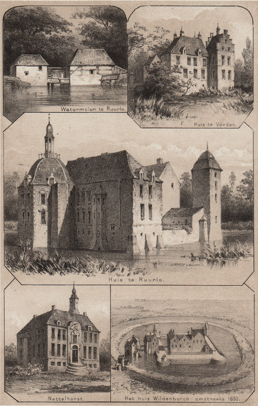 view Watermolen te Ruurlo, Huis te Vorden, Huis te Ruurlo, Nettelhorst, Het Huis Wildenborch by P.A. Schipperus, Emrik en Binger