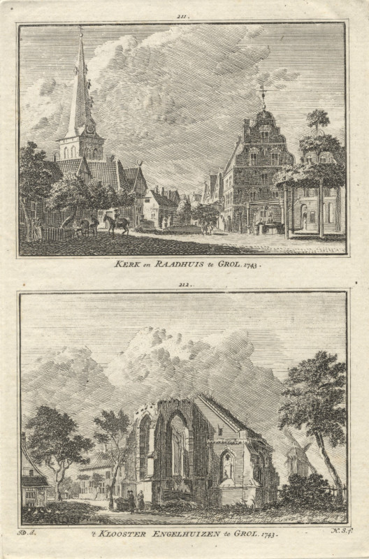 view Kerk en Raadhuis te Grol; ´t Klooster Engelhuizen te Grol. 1743 by H. Spilman, J. de Beijer