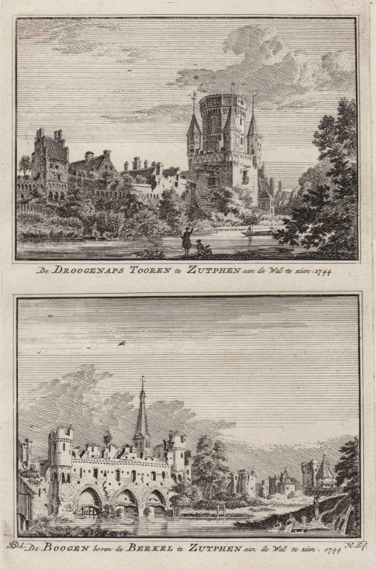 view De Droogenaps Tooren te Zutphen aan de Wal te zien; De Boogen boven de Berkel te Zutphen aan de Wal  by H. Spilman, J. de Beijer
