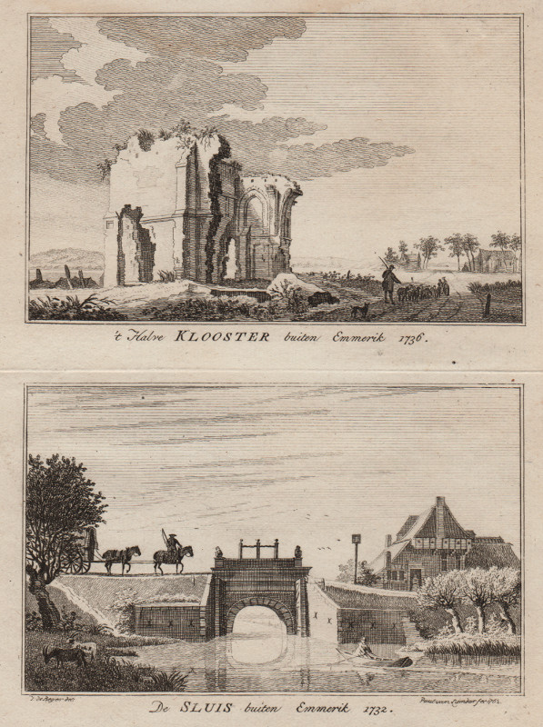 view ´t Halve Klooster buiten Emmerik 1736; De Sluis buiten Emmerik 1732 by Paul van Liender, Jan de Beijer
