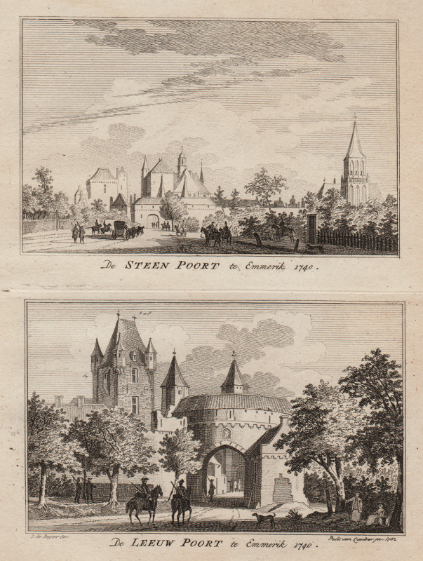 De Steen Poort te Emmerik 1740; De Leeuw Poort te Emmerik 1740 by Paul van Liender, Jan de Beijer