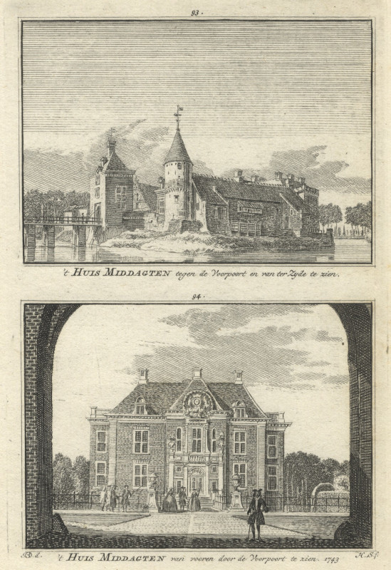 view ´t Huis Middagten tegen de Voorpoort en van ter Zyde te zien; van vooren door de Voorpoort te  by H. Spilman, J. de Beijer