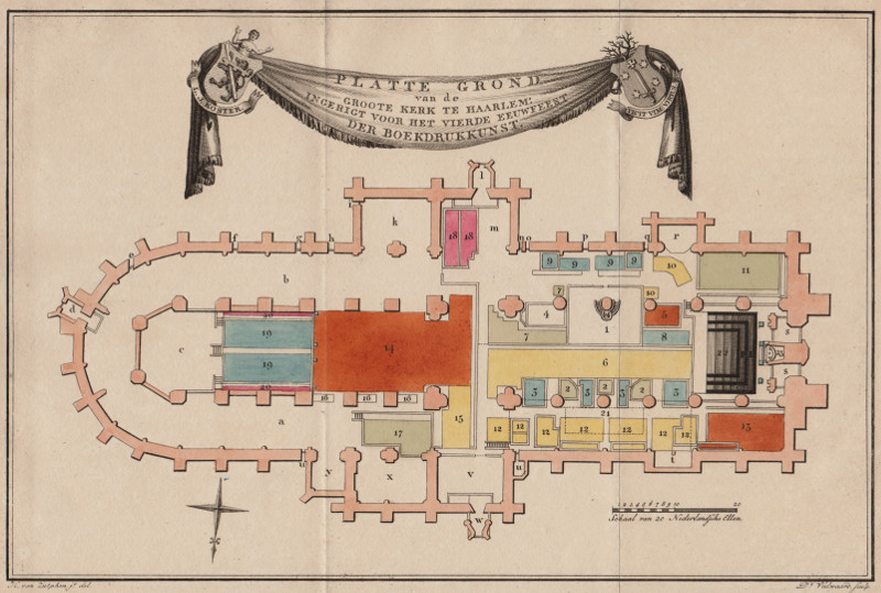 Plattegrond van de Groote Kerk te Haarlem: Ingerigt voor het vierde eeuwfeest der Boekdrukkunst by H. van Zutphen, D.t. Veelwaard.