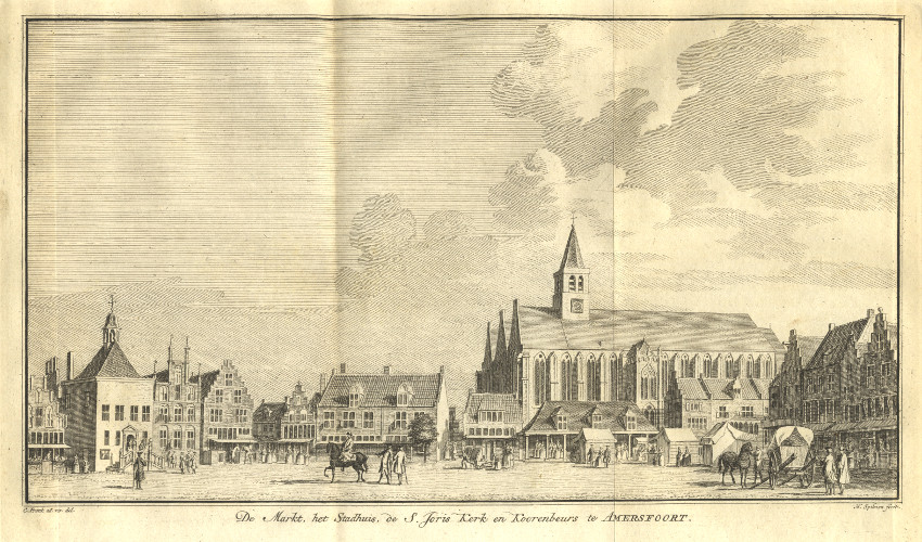 De Markt, het Stadhuis, de S. Joris Kerk en Koorenbeurs te Amersfoort by H. Spilman, C. Pronk