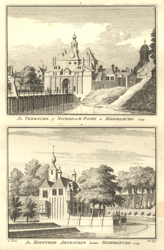 view De Veersche of Noorddam-poort te Middelburg; De Hofstede Arnestein buiten Middelburg. 1743 by H. Spilman, C. Pronk