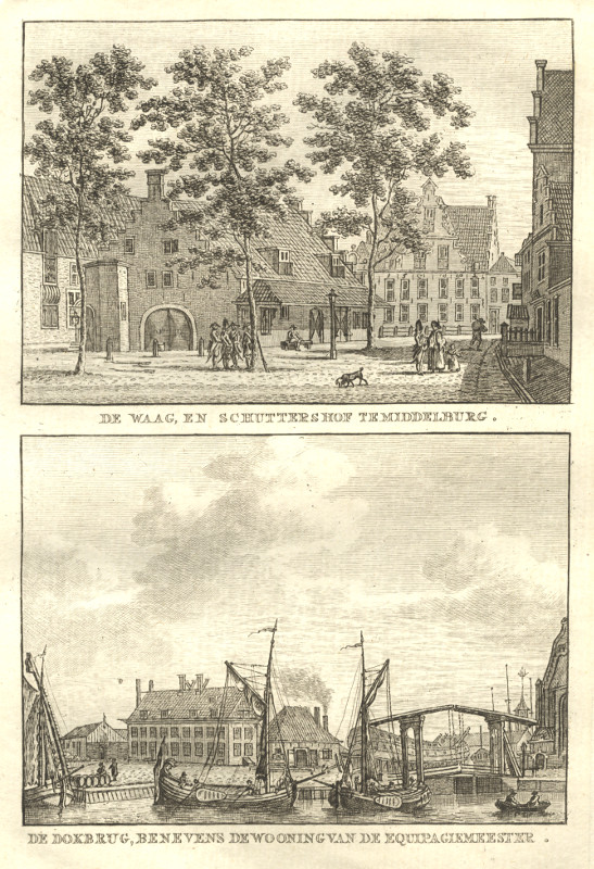 view De Waag, en Schuttershof te Middelburg; De Dokbrug, benevens de wooning van de Equipagemeester by C.F. Bendorp, J. Bulthuis