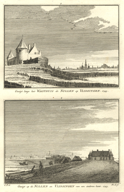 view Gezigt langs het Wagthuis de Nollen op Vlissingen; Gezigt op de Nollen en Vlissingen van ... by H. Spilman, C. Pronk