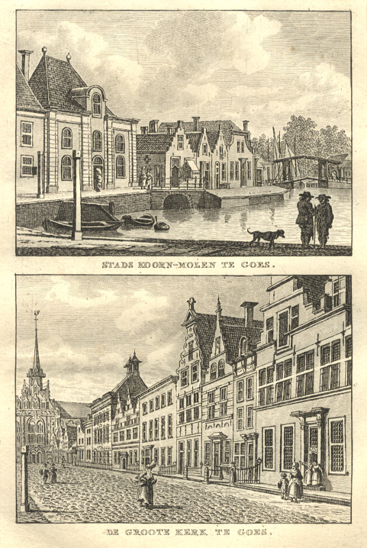 view Stads Koorn-Molen te Goes; De Groote Kerk te Goes by C.F. Bendorp, J. Bulthuis