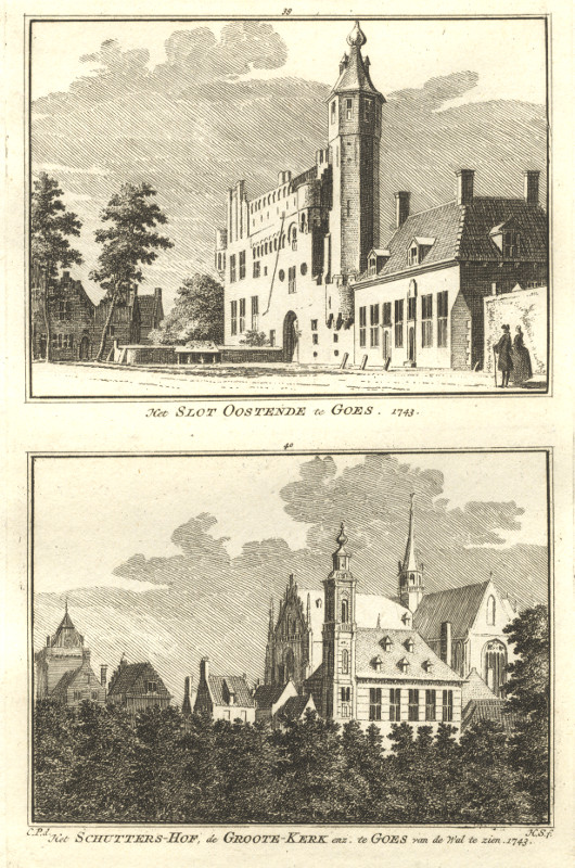 view Het Slot Oostende te Goes; Het Schutters-Hof, de Groote Kerk enz. te Goes van de Wal te zien 1743 by H. Spilman, C. Pronk