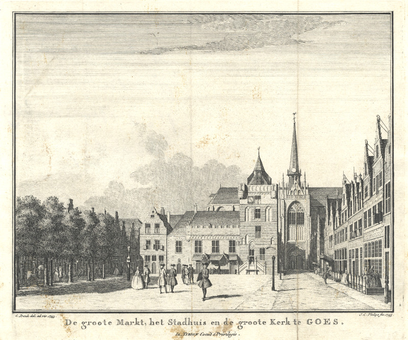 De groote Markt, het Stadhuis en de groote Kerk te Goes by C. Pronk, J.C. Philips