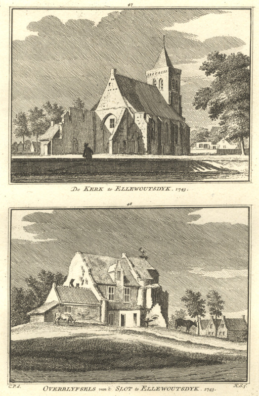 view De kerk te Ellewoutsdyk; Overblijfsels van´t Slot te Ellewoutsdyk 1743 by H. Spilman, C. Pronk