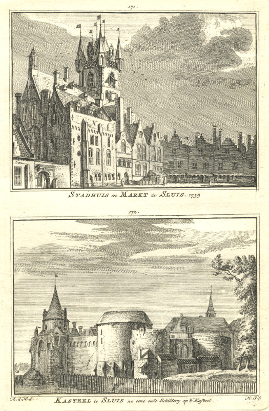 view Stadhuis en Markt te Sluis; Kasteel te Sluis na eene oude Schilderij op ´t Kasteel by H. Spilman, A. de Haen
