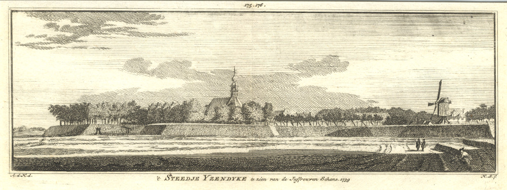 ´t Steedje Yzendyke te zien van de Juffrouwen Schans. 1739 by H. Spilman, A. de Haen