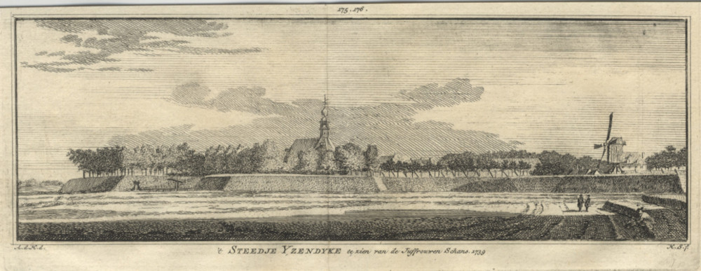 ´t Steedje Yzendyke te zien van de Juffrouwen Schans. 1739 by H. Spilman, A. de Haen