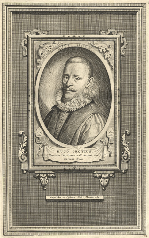 print Hugo Grotius, Summus Vir, Bataviae & Seculi sui rarum decus by W. van Swanenburg naar J. van Ravensteyn