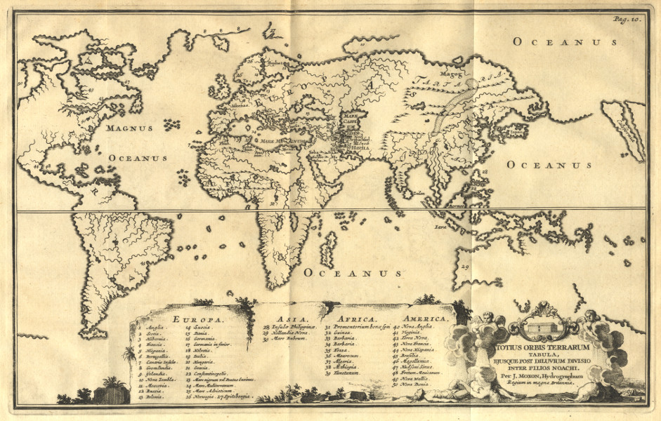 Totius Orbis Terrarum Tabula Ejusque Post Diluvium Divisio Inter Filios Noachi by J. Moxon