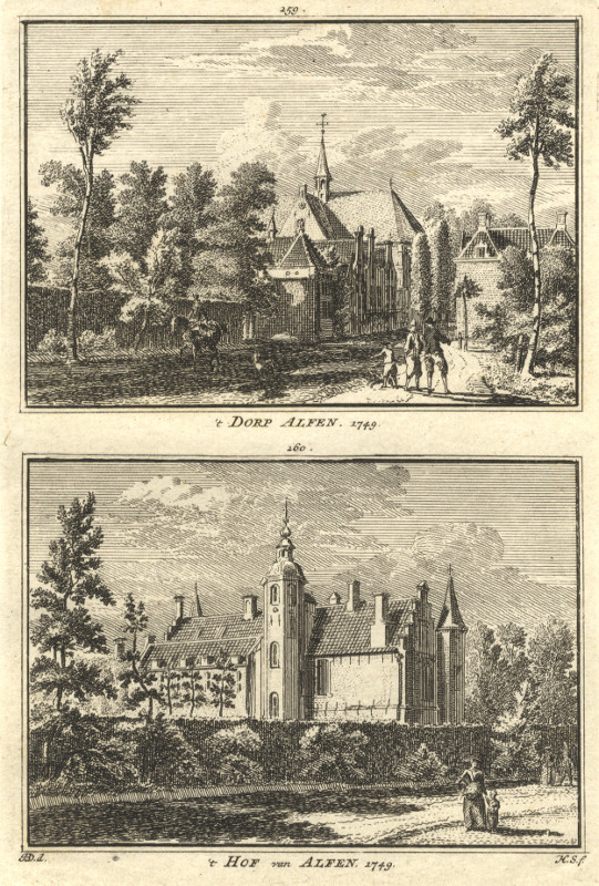 view ´t Dorp Alfen; ´t Hof van Alfen. 1749 by H. Spilman, J. de Beijer