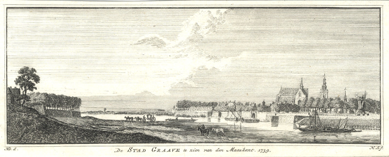 De Stad Graave te zien van den Maaskant. 1739 by H. Spilman, J. de Beijer