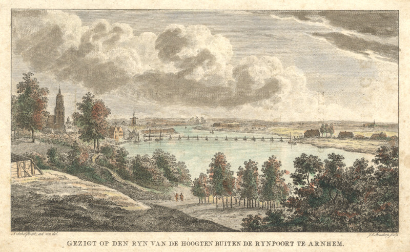 Gezigt op den Ryn van de hoogten buiten de Rynpoort te Arnhem by J.C. Bendorp, A. Schelfthout