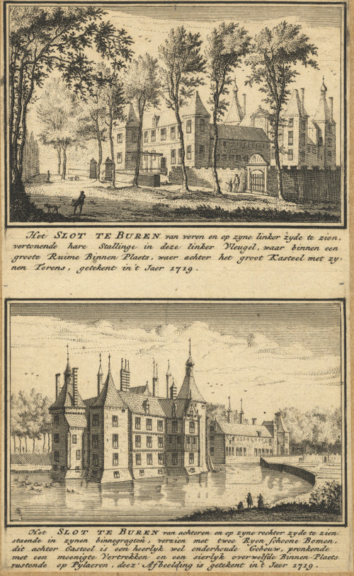 view Het Slot te Buren van voren en op zyne linker zyde te zien; van achteren en op zyne rechter zyde  by J.M. Bregmagher, naar A. Rademaker