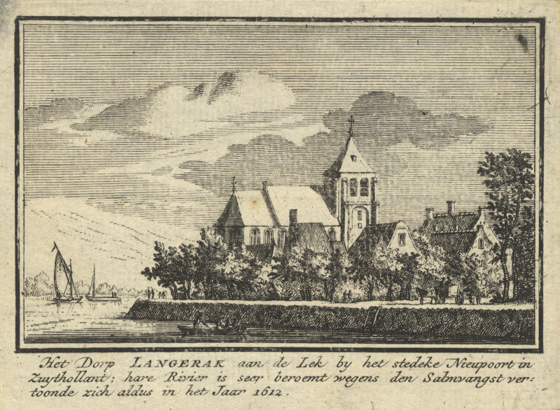 Het Dorp Langerak aan de Lek by het stedeke Nieupoort in Zuythollant by J.M. Bregmagher, naar A. Rademaker