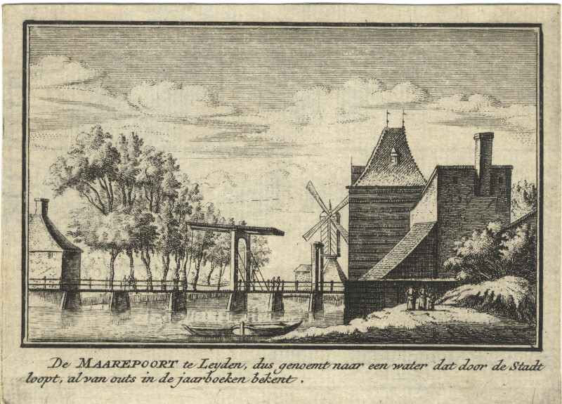 De Maarepoort te Leyden, dus genoemt naar een water dat door de Stadt loopt by J.M. Bregmagher, naar A. Rademaker