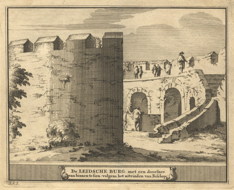 De Leidsche Burg, met een doorsnee van binnen te sien, volgens het uitvinden van Bischop by J. Schijnvoet, naar R. Roghman
