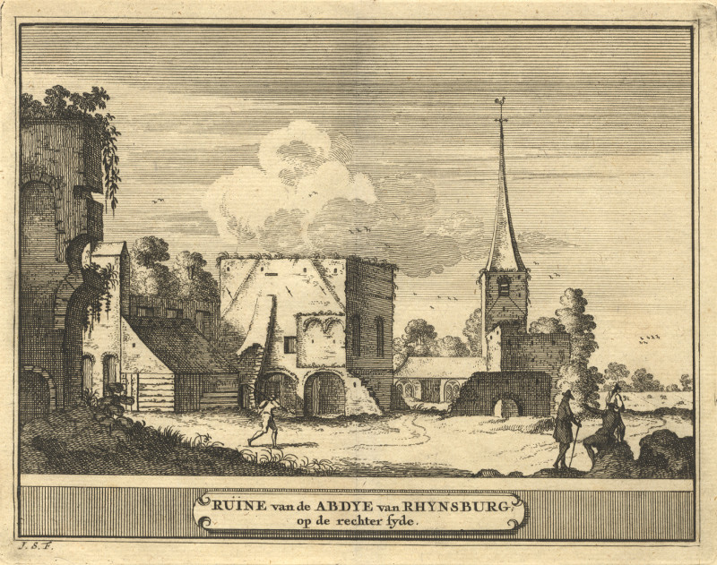 Ruine van de Abdye van Rhynsburg, op de rechter syde by J. Schijnvoet, naar R. Roghman