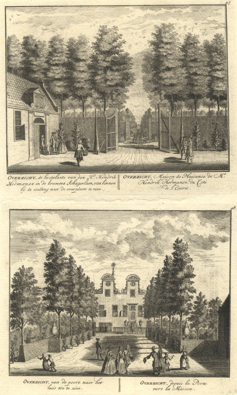 view Overzicht, de lustplaets van den H. Hendrik Hermansz.. ; van de poort naer het huis toe te zien by Daniel Stoopendaal