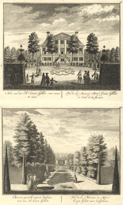 view &acute;t Huis van den Hr. Esaie Gillot van voren te zien; Binnen gezicht naer &acute;t Kabinet by Daniel Stoopendaal