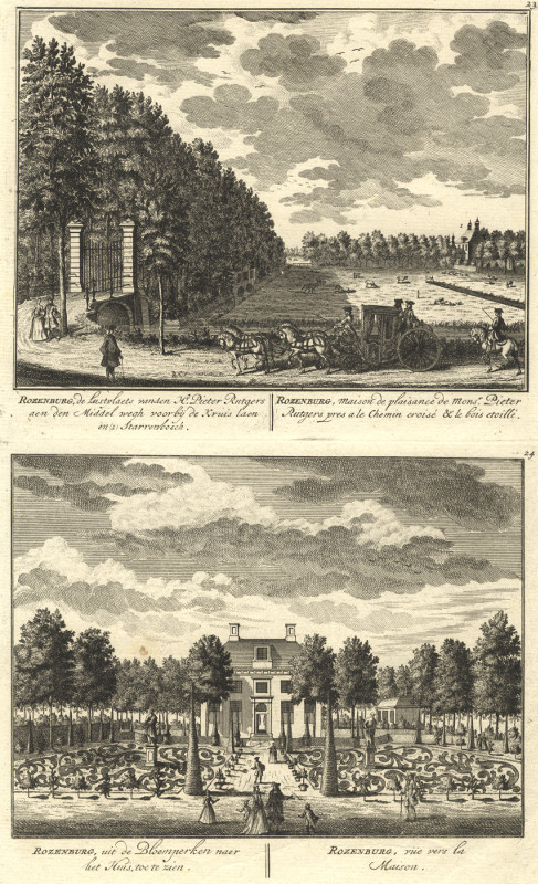 view Rozenburg, de lustplaets van den Hr. Pieter Rutgers; Rozenburg, uit de Bloemperken naer het Huis by Daniel Stoopendaal