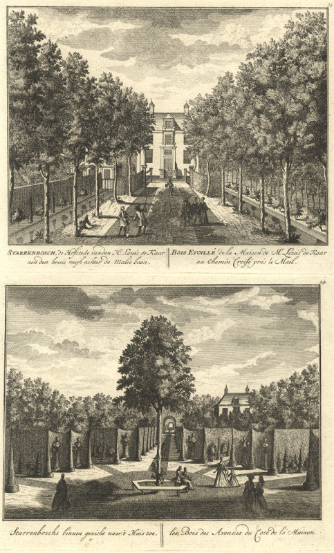 view Starrenbosch, de Hofstede van den Hr Louis de Kaar; Starrenboschs binnen gezicht naer ´t Huis  by Daniel Stoopendaal, IJsack de Greve