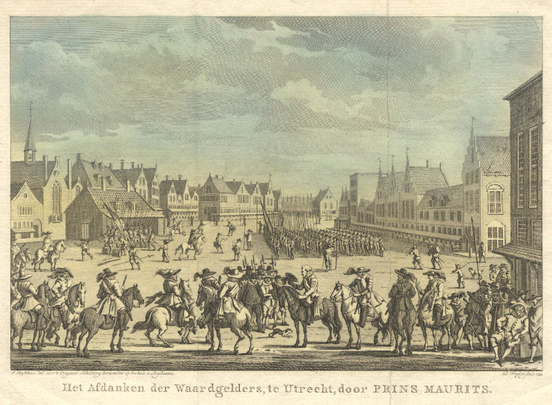 Het Afdanken der Waardgelders, te Utrecht, door Prins Maurits by J. Bulthuis, J. Vrydag, naar Joost Cornelisz. Droochsloot