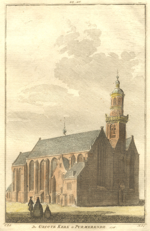 view De Groote kerk te Purmerende. 1726. by H. Spilman, C. Pronk