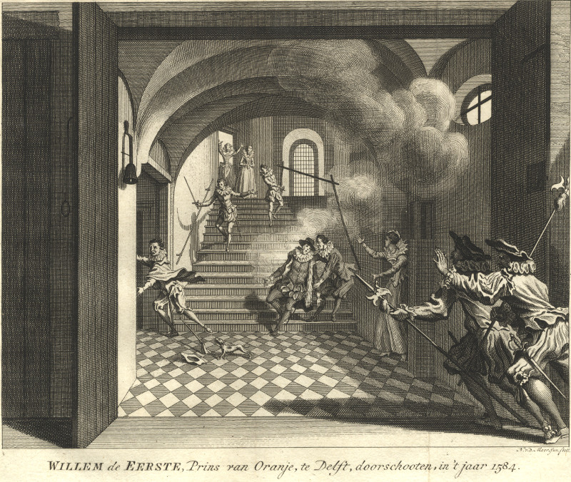Willem de Eerste, Prins van Oranje, te Delft, doorschooten, in ´t jaar 1584 by N. v.d. Meer