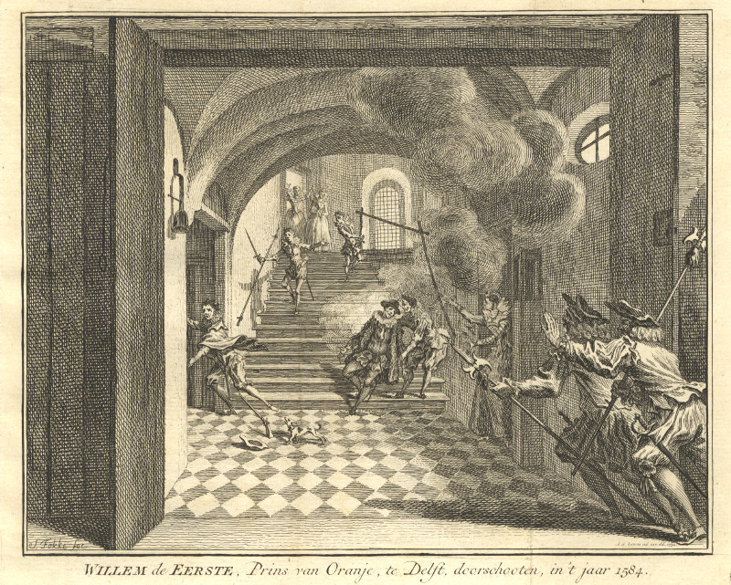 Willem de Eerste, Prins van Oranje, te Delft, doorschooten, in ´t jaar 1584 by Simon Fokke, naar Aert Schouman