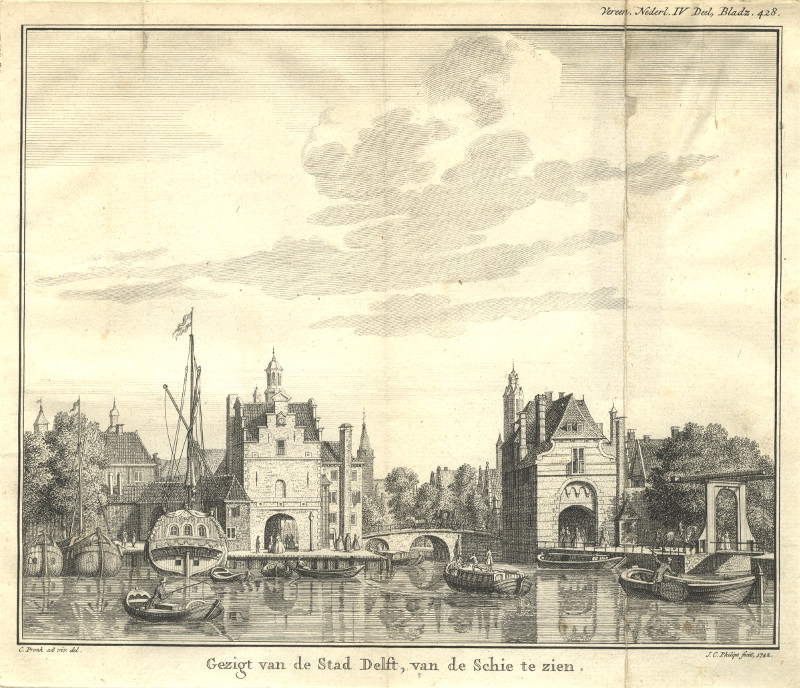 Gezigt van de Stad Delft, van de Schie te zien. by C. Pronk, J.C. Philips