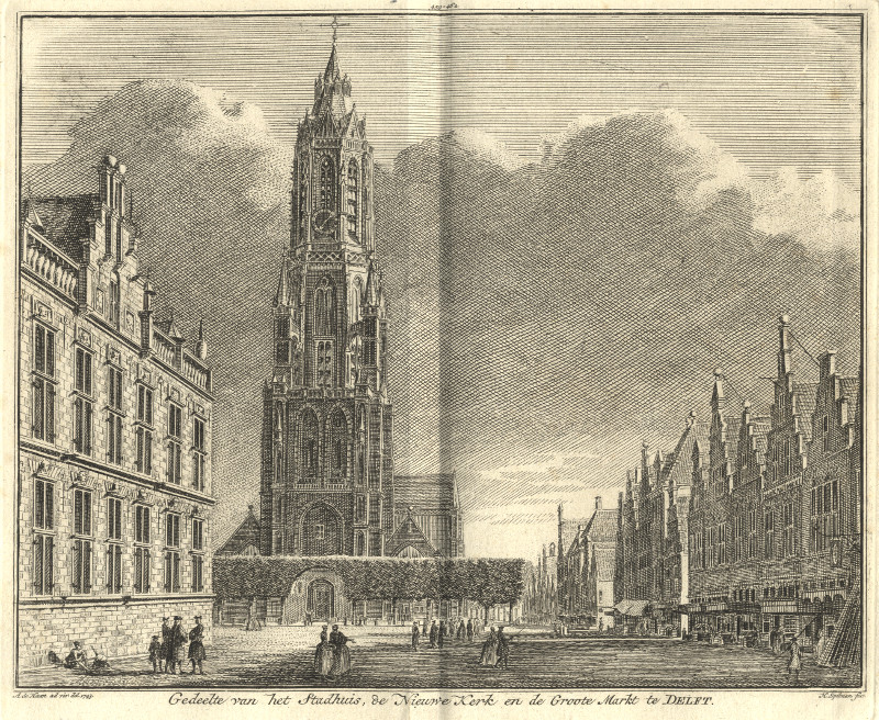 Gedeelte van het Stadhuis, de Nieuwe Kerk en de Groote Markt te Delft by H. Spilman, A. de Haan